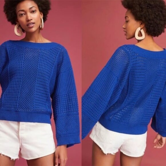 Anthropologie Sweaters - Anthropologie Sweater Women's Medium Moth Reese Semi-Sheer Open Knit Cobalt Blue